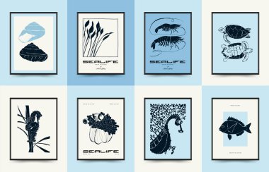 Soyut okyanus ve deniz posterleri şablonları. Modern deniz botanik modası siyah stil. Antika yosun, balık, kabuk. Mürekkep duvarı sanatı.