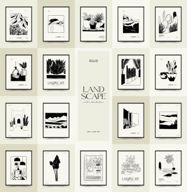 Abstract landscape interior contemporary minimal aesthetic. Hand drawn linear illustrations for wall decoration, postcards or brochures, cover design, stories, social media, app design.