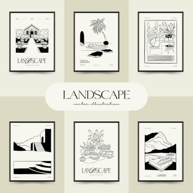 Abstract landscape interior contemporary minimal aesthetic. Hand drawn linear illustrations for wall decoration, postcards or brochures, cover design, stories, social media, app design.