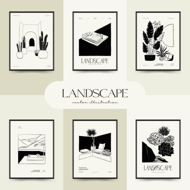 Abstract landscape interior contemporary minimal aesthetic. Hand drawn linear illustrations for wall decoration, postcards or brochures, cover design, stories, social media, app design.