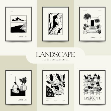 Abstract landscape interior contemporary minimal aesthetic. Hand drawn linear illustrations for wall decoration, postcards or brochures, cover design, stories, social media, app design.