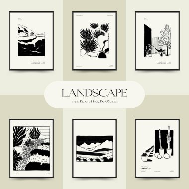 Abstract landscape interior contemporary minimal aesthetic. Hand drawn linear illustrations for wall decoration, postcards or brochures, cover design, stories, social media, app design.