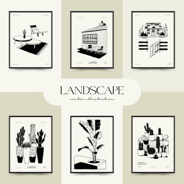 Abstract landscape interior contemporary minimal aesthetic. Hand drawn linear illustrations for wall decoration, postcards or brochures, cover design, stories, social media, app design.