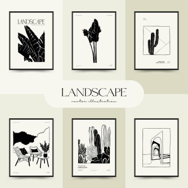 Abstract landscape interior contemporary minimal aesthetic. Hand drawn linear illustrations for wall decoration, postcards or brochures, cover design, stories, social media, app design.