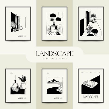 Abstract landscape interior contemporary minimal aesthetic. Hand drawn linear illustrations for wall decoration, postcards or brochures, cover design, stories, social media, app design.