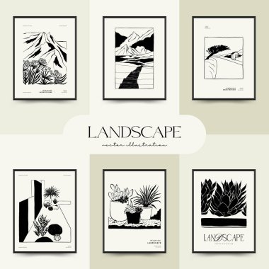 Abstract landscape interior contemporary minimal aesthetic. Hand drawn linear illustrations for wall decoration, postcards or brochures, cover design, stories, social media, app design.