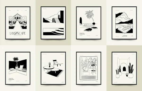 Abstract Landscape Interior Contemporary Minimal Aesthetic Hand Drawn Linear Illustrations — ストックベクタ