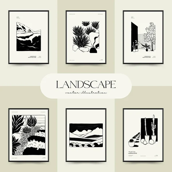 Abstract landscape interior contemporary minimal aesthetic. Hand drawn linear illustrations for wall decoration, postcards or brochures, cover design, stories, social media, app design.