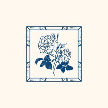 Minimalist çiçek çizimi, siyah ikon, pul, moda dövme tasarımı, çiçeksel botanik elementler vektör çizimi.