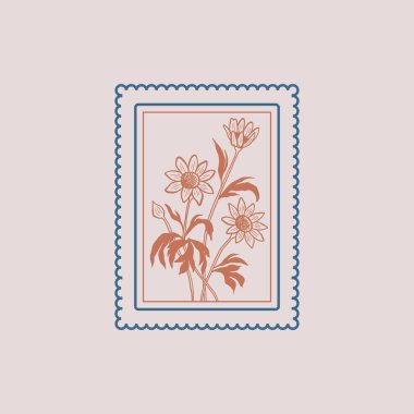 Minimalist çiçek çizimi, siyah ikon, pul, moda dövme tasarımı, çiçeksel botanik elementler vektör çizimi.