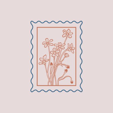 Minimalist çiçek çizimi, siyah ikon, pul, moda dövme tasarımı, çiçeksel botanik elementler vektör çizimi.