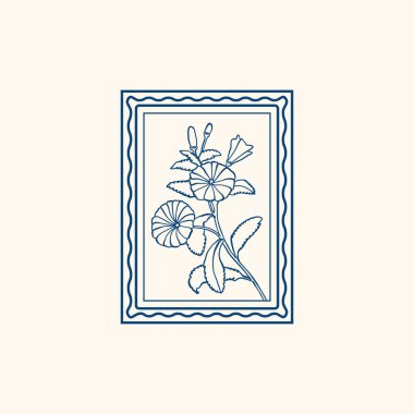 Minimalist çiçek çizimi, siyah ikon, pul, moda dövme tasarımı, çiçeksel botanik elementler vektör çizimi.