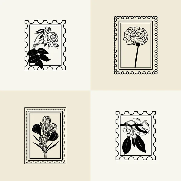 Croquis Graphique Minimaliste Fleurs Icône Noire Timbre Design Tatouage Tendance — Image vectorielle