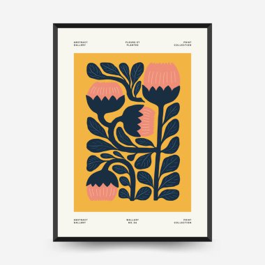 Soyut çiçek posterleri şablonu. Modern trend Matisse minimal tarzı. Pembe ve mavi renkler. Duvar kağıdı, duvar dekoru, baskı, kartpostal, kapak, şablon, pankart için el çizimi tasarımı. 