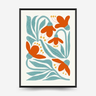 Soyut çiçek posterleri şablonu. Modern trend Matisse minimal tarzı. Pembe ve mavi renkler. Duvar kağıdı, duvar dekoru, baskı, kartpostal, kapak, şablon, pankart için el çizimi tasarımı. 