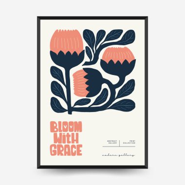 Soyut çiçek posterleri şablonu. Modern trend Matisse minimal tarzı. Pembe ve mavi renkler. Duvar kağıdı, duvar dekoru, baskı, kartpostal, kapak, şablon, pankart için el çizimi tasarımı. 