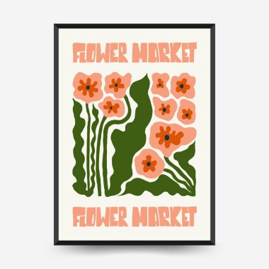 Soyut çiçek posterleri şablonu. Modern trend Matisse minimal tarzı. Pembe ve mavi renkler. Duvar kağıdı, duvar dekoru, baskı, kartpostal, kapak, şablon, pankart için el çizimi tasarımı. 