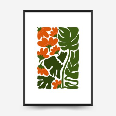 Soyut çiçek posterleri şablonu. Modern trend Matisse minimal tarzı. Pembe ve mavi renkler. Duvar kağıdı, duvar dekoru, baskı, kartpostal, kapak, şablon, pankart için el çizimi tasarımı. 