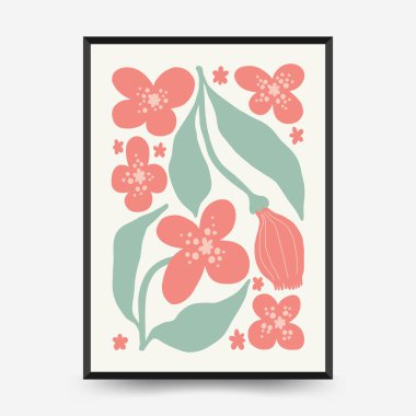 Soyut çiçek posterleri şablonu. Modern trend Matisse minimal tarzı. Pembe ve mavi renkler. Duvar kağıdı, duvar dekoru, baskı, kartpostal, kapak, şablon, pankart için el çizimi tasarımı. 