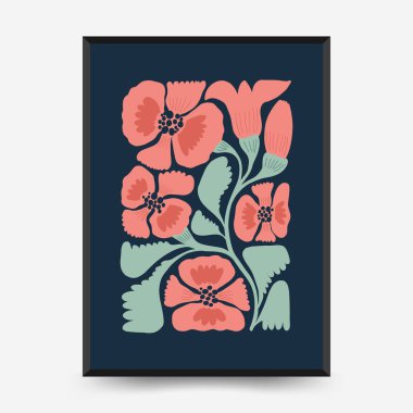 Soyut çiçek posterleri şablonu. Modern trend Matisse minimal tarzı. Pembe ve mavi renkler. Duvar kağıdı, duvar dekoru, baskı, kartpostal, kapak, şablon, pankart için el çizimi tasarımı. 