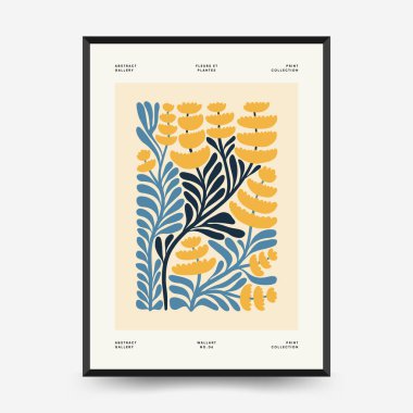 Soyut çiçek posterleri şablonu. Modern trend Matisse minimal tarzı. Pembe ve mavi renkler. Duvar kağıdı, duvar dekoru, baskı, kartpostal, kapak, şablon, pankart için el çizimi tasarımı. 