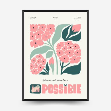 Soyut çiçek posterleri şablonu. Modern trend Matisse minimal tarzı. Pembe ve mavi renkler. Duvar kağıdı, duvar dekoru, baskı, kartpostal, kapak, şablon, pankart için el çizimi tasarımı. 