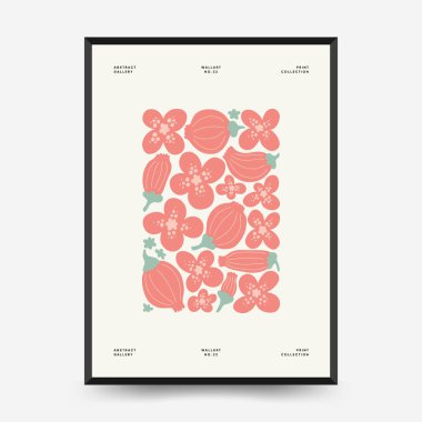 Soyut çiçek posterleri şablonu. Modern trend Matisse minimal tarzı. Pembe ve mavi renkler. Duvar kağıdı, duvar dekoru, baskı, kartpostal, kapak, şablon, pankart için el çizimi tasarımı. 