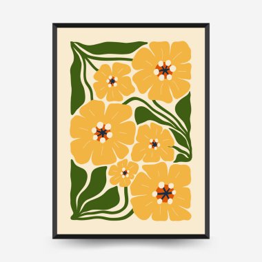 Soyut çiçek posterleri şablonu. Modern trend Matisse minimal tarzı. Pembe ve mavi renkler. Duvar kağıdı, duvar dekoru, baskı, kartpostal, kapak, şablon, pankart için el çizimi tasarımı. 