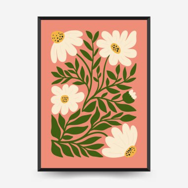 Soyut çiçek posterleri şablonu. Modern trend Matisse minimal tarzı. Pembe ve mavi renkler. Duvar kağıdı, duvar dekoru, baskı, kartpostal, kapak, şablon, pankart için el çizimi tasarımı. 