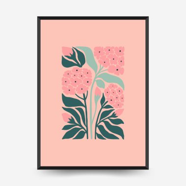 Soyut çiçek posterleri şablonu. Modern trend Matisse minimal tarzı. Pembe ve mavi renkler. Duvar kağıdı, duvar dekoru, baskı, kartpostal, kapak, şablon, pankart için el çizimi tasarımı. 