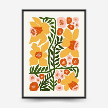Soyut çiçek posterleri şablonu. Modern trend Matisse minimal tarzı. Pembe ve mavi renkler. Duvar kağıdı, duvar dekoru, baskı, kartpostal, kapak, şablon, pankart için el çizimi tasarımı. 