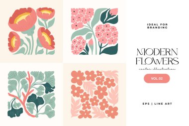 Çiçek soyut elementler. Botanik kompozisyonu. Modern trend Matisse minimal tarzı. Çiçek posteri, davet. Tebrik kartı veya davet tasarımı için vektör düzenlemeleri