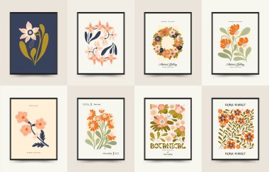 Soyut çiçek posterleri şablonu. Modern trend Matisse minimal tarzı. Şahane. Duvar kağıdı, duvar dekoru, baskı, kartpostal, kapak, şablon, pankart için el çizimi tasarımı. 