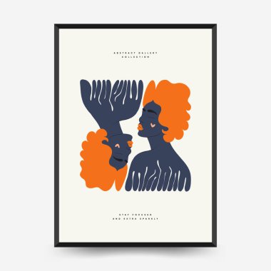 Soyut çiçek ve kadın posterleri şablon şeklinde. Modern trend Matisse minimal tarzı. Sevimli kız ve moda. Duvar kağıdı, duvar dekoru, baskı, kartpostal, kapak, şablon, pankart için el çizimi tasarımı. 