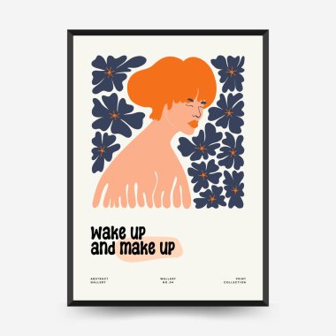 Soyut çiçek ve kadın posterleri şablon şeklinde. Modern trend Matisse minimal tarzı. Sevimli kız ve moda. Duvar kağıdı, duvar dekoru, baskı, kartpostal, kapak, şablon, pankart için el çizimi tasarımı. 