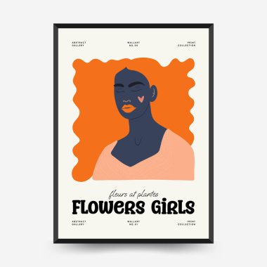 Soyut çiçek ve kadın posterleri şablon şeklinde. Modern trend Matisse minimal tarzı. Sevimli kız ve moda. Duvar kağıdı, duvar dekoru, baskı, kartpostal, kapak, şablon, pankart için el çizimi tasarımı. 