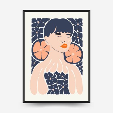 Soyut çiçek ve kadın posterleri şablon şeklinde. Modern trend Matisse minimal tarzı. Sevimli kız ve moda. Duvar kağıdı, duvar dekoru, baskı, kartpostal, kapak, şablon, pankart için el çizimi tasarımı. 