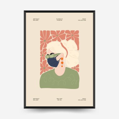 Soyut çiçek ve kadın posterleri şablon şeklinde. Modern trend Matisse minimal tarzı. Sevimli kız ve moda. Duvar kağıdı, duvar dekoru, baskı, kartpostal, kapak, şablon, pankart için el çizimi tasarımı. 
