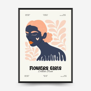 Soyut çiçek ve kadın posterleri şablon şeklinde. Modern trend Matisse minimal tarzı. Sevimli kız ve moda. Duvar kağıdı, duvar dekoru, baskı, kartpostal, kapak, şablon, pankart için el çizimi tasarımı. 
