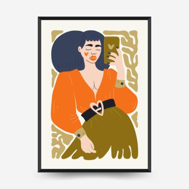 Soyut çiçek ve kadın posterleri şablon şeklinde. Modern trend Matisse minimal tarzı. Sevimli kız ve moda. Duvar kağıdı, duvar dekoru, baskı, kartpostal, kapak, şablon, pankart için el çizimi tasarımı. 