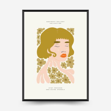Soyut çiçek ve kadın posterleri şablon şeklinde. Modern trend Matisse minimal tarzı. Sevimli kız ve moda. Duvar kağıdı, duvar dekoru, baskı, kartpostal, kapak, şablon, pankart için el çizimi tasarımı. 