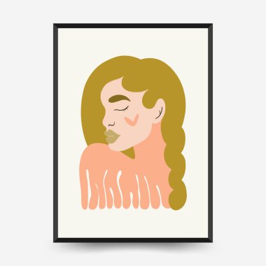 Soyut çiçek ve kadın posterleri şablon şeklinde. Modern trend Matisse minimal tarzı. Sevimli kız ve moda. Duvar kağıdı, duvar dekoru, baskı, kartpostal, kapak, şablon, pankart için el çizimi tasarımı. 