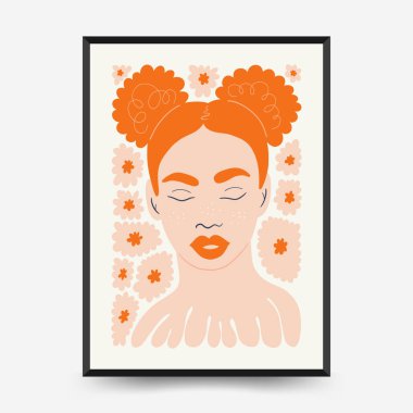 Soyut çiçek ve kadın posterleri şablon şeklinde. Modern trend Matisse minimal tarzı. Sevimli kız ve moda. Duvar kağıdı, duvar dekoru, baskı, kartpostal, kapak, şablon, pankart için el çizimi tasarımı. 