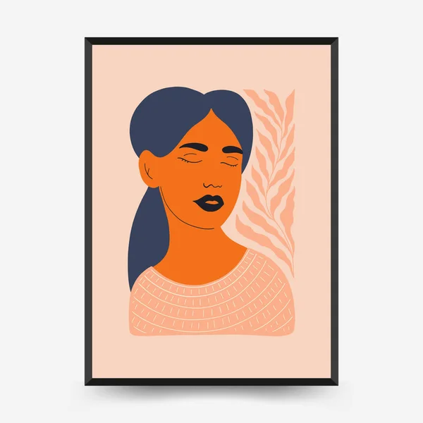 摘要植物和妇女海报模板 现代流行的马蒂斯简约风格 可爱的女孩和时尚 手绘墙纸 墙面装饰 印刷品 明信片 横幅设计 — 图库矢量图片