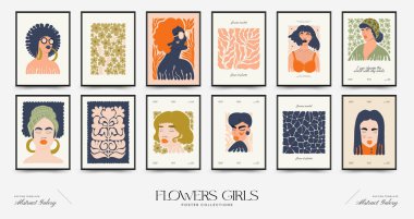 Soyut çiçek ve kadın posterleri şablon şeklinde. Modern trend Matisse minimal tarzı. Sevimli kız ve moda. Duvar kağıdı, duvar dekoru, baskı, kartpostal, kapak, şablon, pankart için el çizimi tasarımı. 
