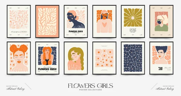 노골적 꽃무늬와 여자들의 포스터가 현대의 전통적 마티스의 최소화 스타일 귀여운 — 스톡 벡터