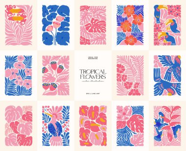Çiçek soyut elementler. Tropik botanik kompozisyonu. Modern trend Matisse minimal tarzı. Çiçek posteri, davet. Tebrik kartı veya davet tasarımı için vektör düzenlemeleri