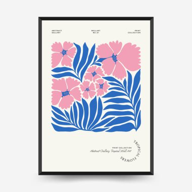 Soyut çiçek posterleri şablonu. Modern trend Matisse minimal tarzı. Tropik orman. Duvar kağıdı, duvar dekoru, baskı, kartpostal, kapak, şablon, pankart için el çizimi tasarımı. 