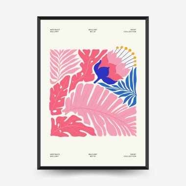 Soyut çiçek posterleri şablonu. Modern trend Matisse minimal tarzı. Tropik orman. Duvar kağıdı, duvar dekoru, baskı, kartpostal, kapak, şablon, pankart için el çizimi tasarımı. 