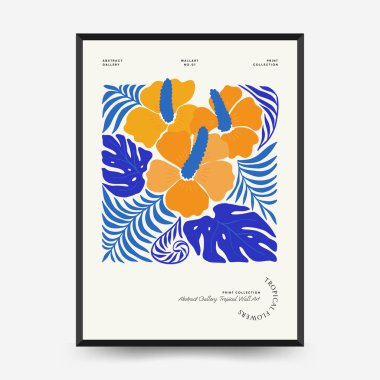 Soyut çiçek posterleri şablonu. Modern trend Matisse minimal tarzı. Tropik orman. Duvar kağıdı, duvar dekoru, baskı, kartpostal, kapak, şablon, pankart için el çizimi tasarımı. 
